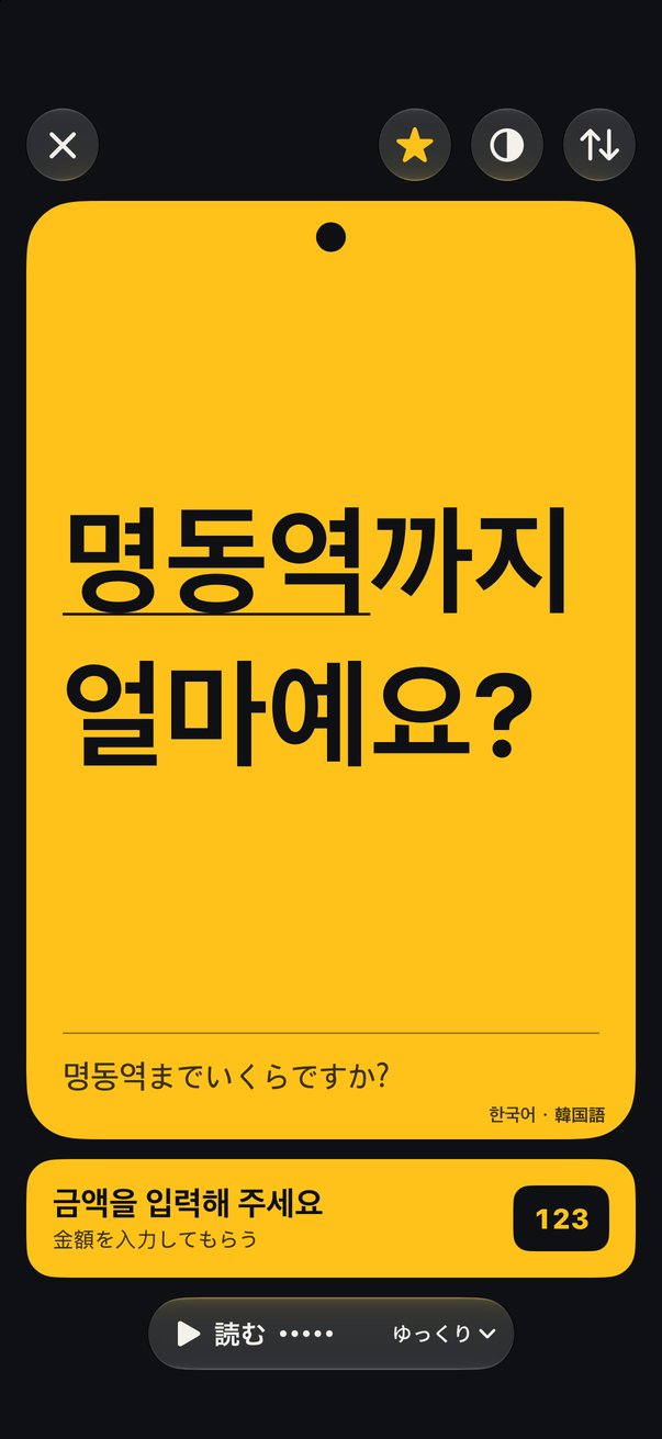 「명동역까지 얼마예요?（明洞駅までいくらですか）」を黄色い札で見せる画面